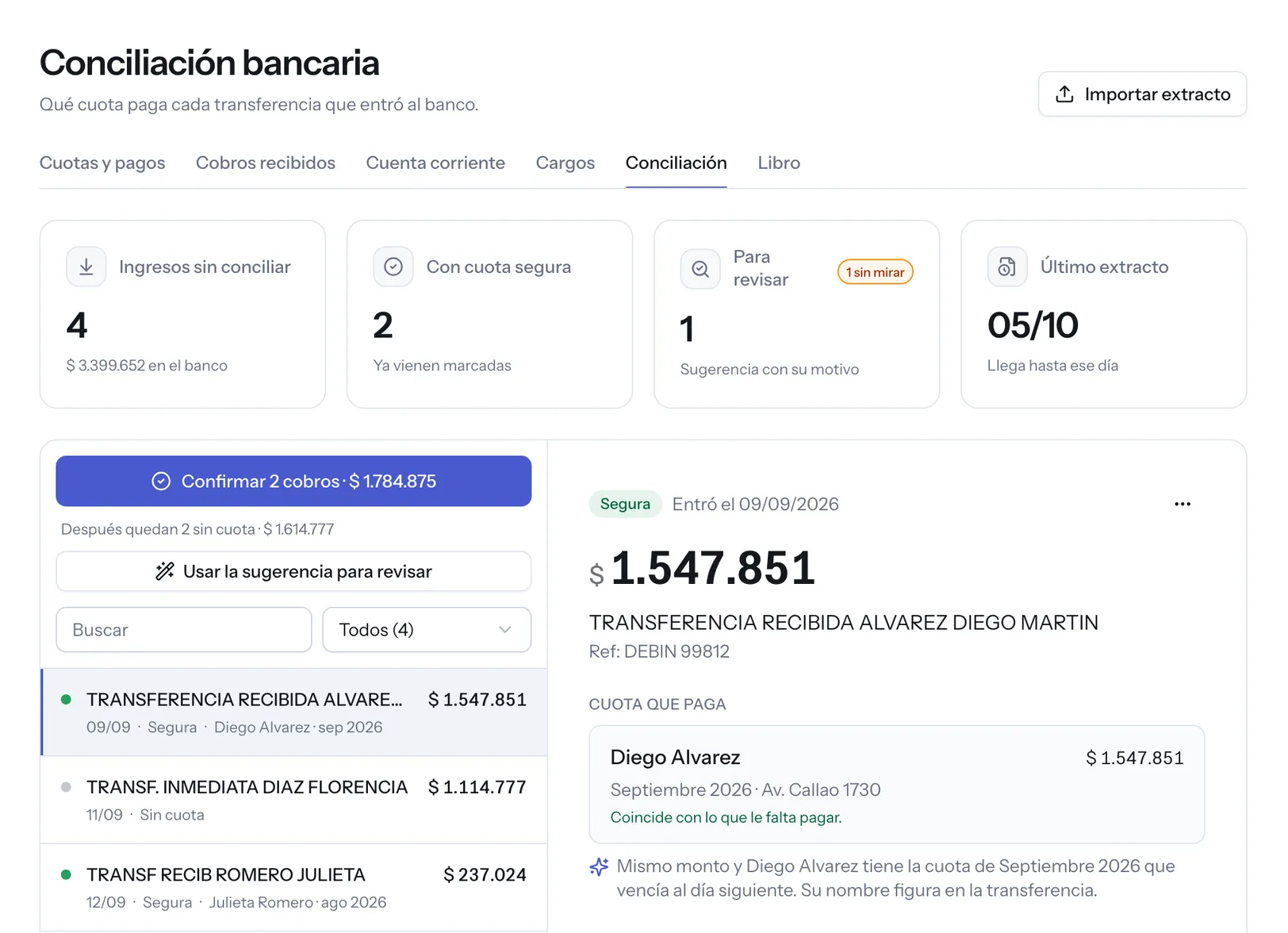 Pantalla de conciliación: las transferencias del extracto con la cuota que paga cada una