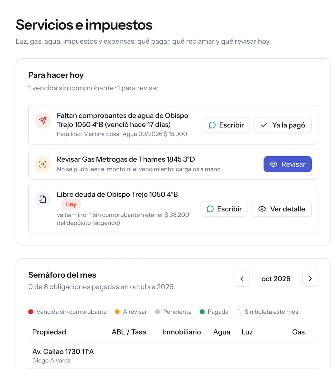Pantalla de servicios e impuestos: lo que hay que hacer hoy y el semáforo del mes por propiedad
